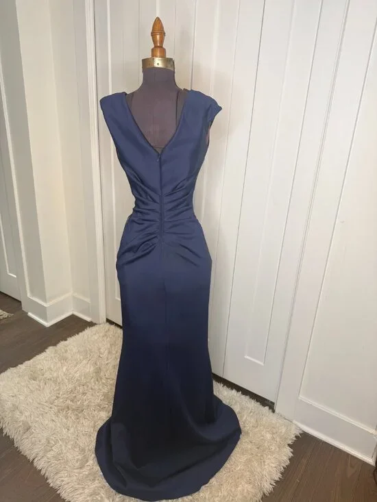 Navy Blue, Sequined Waist and Shoulder, Formal Evening Gown, Cap Sleeve, Size 6 - Picture 5 of 8